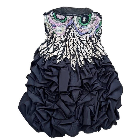 Vintage 1980s Black Bubble Hem Ruffled Boned Strapless Sequin Dress RARE XS - Picture 4 of 16